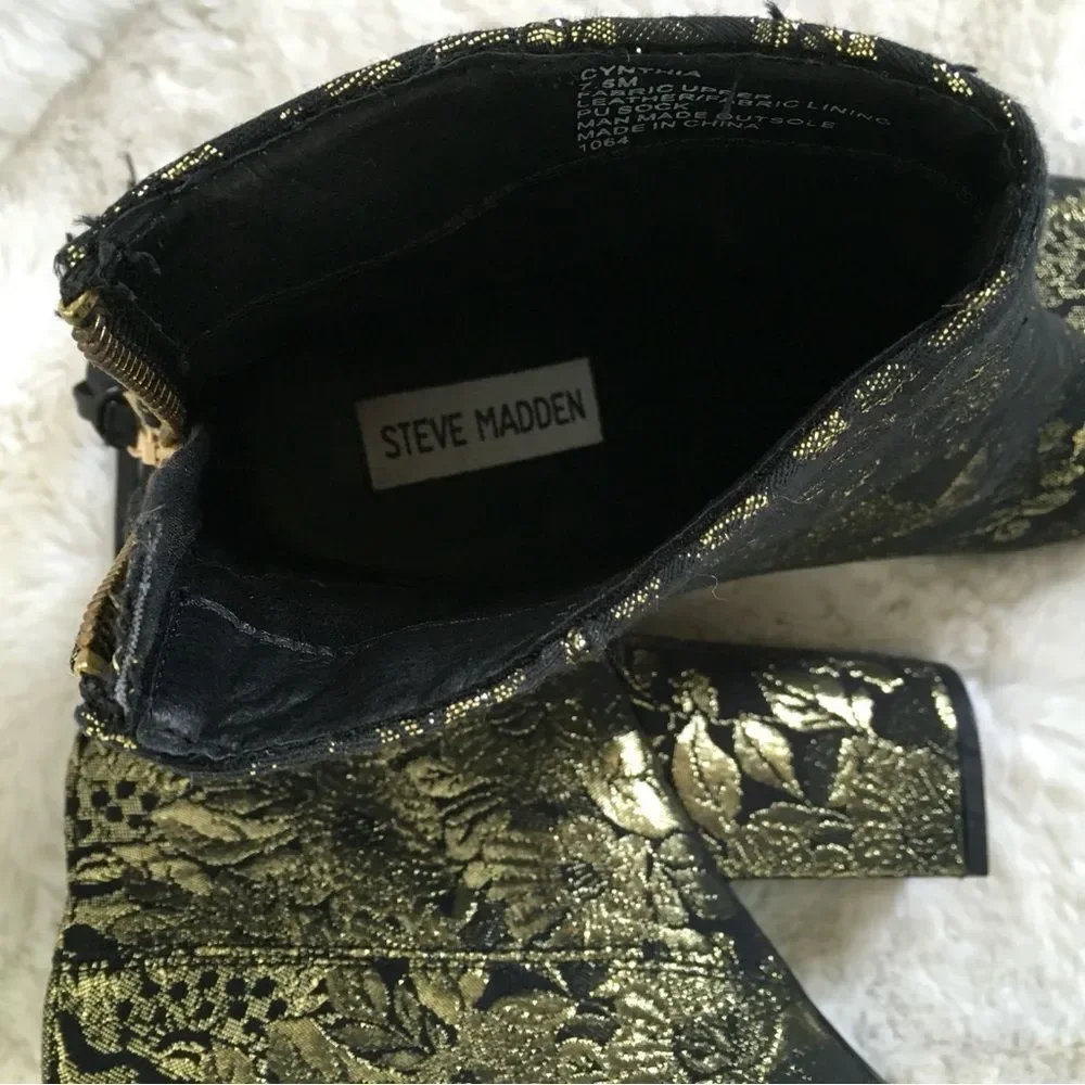 Steve Madden Black Gold Jacquard Cynthia Floral Fabric Ankle High Heel Boots 7.5